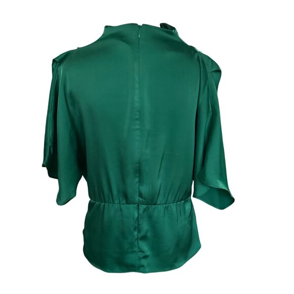 H&M Green Satin Blouse Womens Size M With Peplum Waist & Short Cape Sleeves - Picture 2 of 5